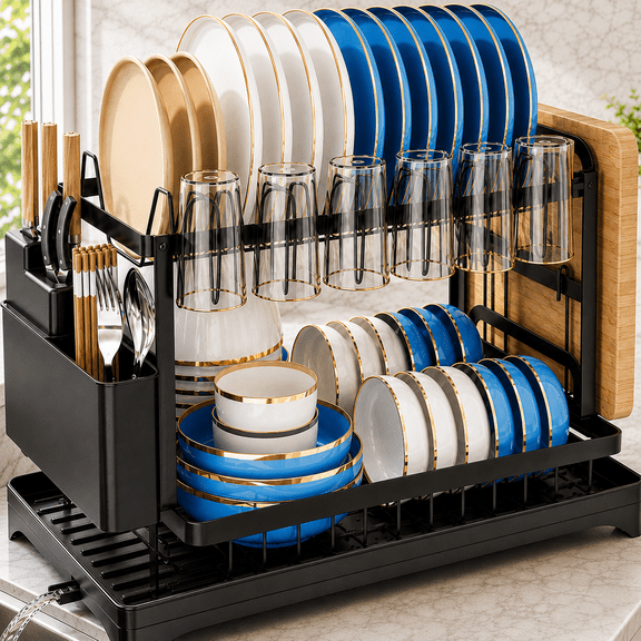Square Dish Drying Rack 2 Tier Dish Drying Rack with Drainboard for Kitchen Counter, Black ...