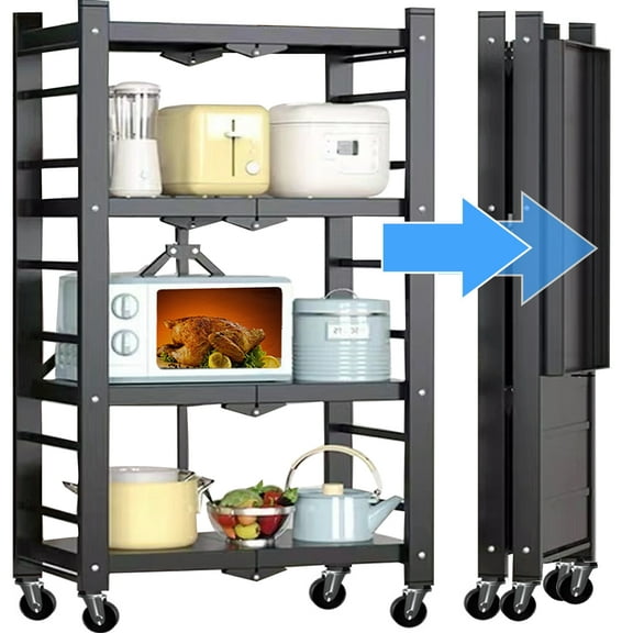 Camkey  4-Tier Storage Shelf Rack, 250lbs Capacity Heavy Duty Metal Shelf , Foldable Storage Shelving Unit with Wheels, Garage Shelf, Metal Storage Rack, Kitchen Shelf , No Assemble Require