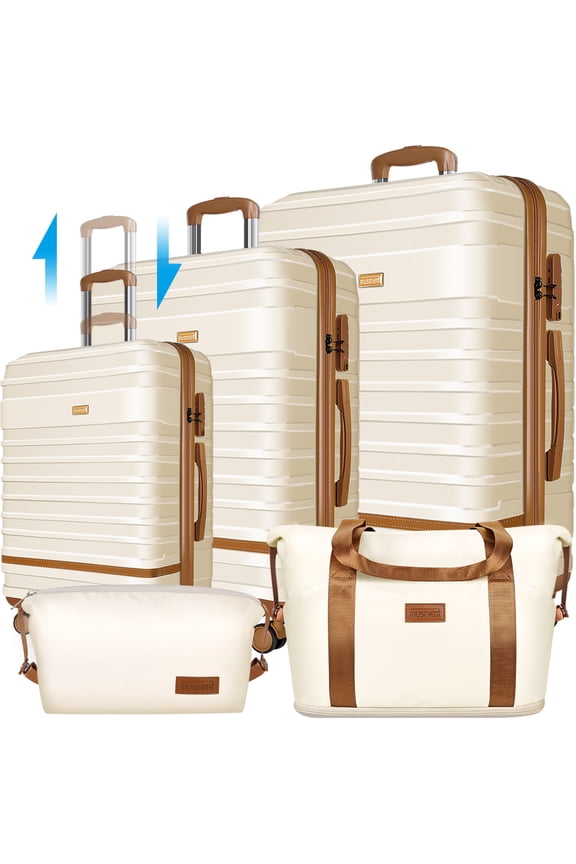 5 Piece Luggage Sets and Travel Duffel Bag, ABS Hardshell Hardside Checked Luggage with TSA Lock and Double Spinner Wheels Suitcase, Ivory White