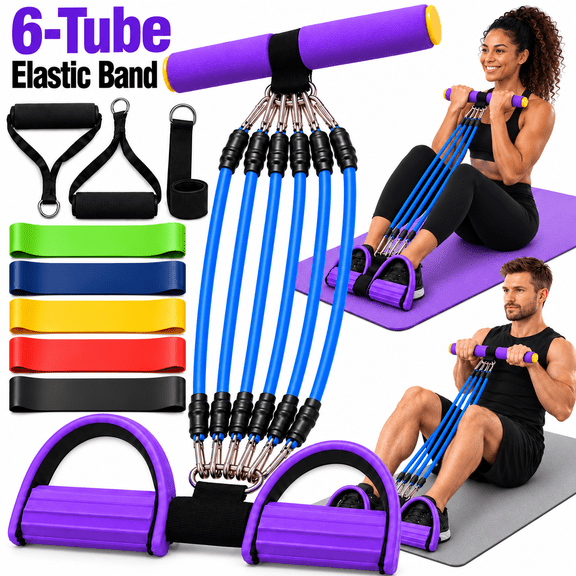 GAZILY 6-Tube Pedal Resistance Bands with Handles and 5-Level Loop Resistance Bands, Foot Pedal Exercise Band Set for Full Body Home Workouts, Abs, Arms, Legs and Glutes, Purple