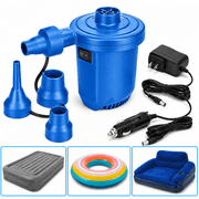 GAZILY  Electric Air Pump for Inflatables, Portable Quick-Fill Inflator Deflator with 3 Nozzles, AC & 12V DC Air Pump for Air Mattress, Pool Floats, Rafts, Camping and Inflatable Toys, Blue