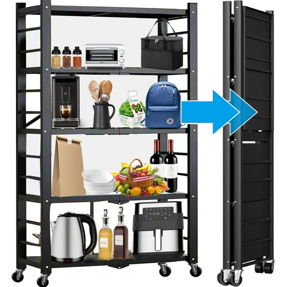 Camkey Foldable 5-Tiers Metal 15.35"W x 15.35"D x 62.20"H Storage Shelf Unit, Holds up to 397 lb Maximum Load Weight, Black