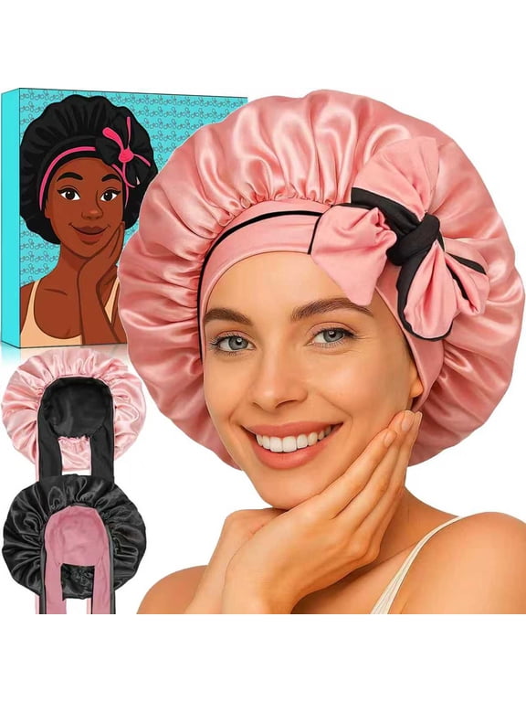 ® Satin Bonnet for Women, Reversible Double-Layer Sleep Cap with Adjustable Wide Tie Band, Large Hair Silk Bonnet for Natural Curly, Braided and Long Hair, Light Pink and Black