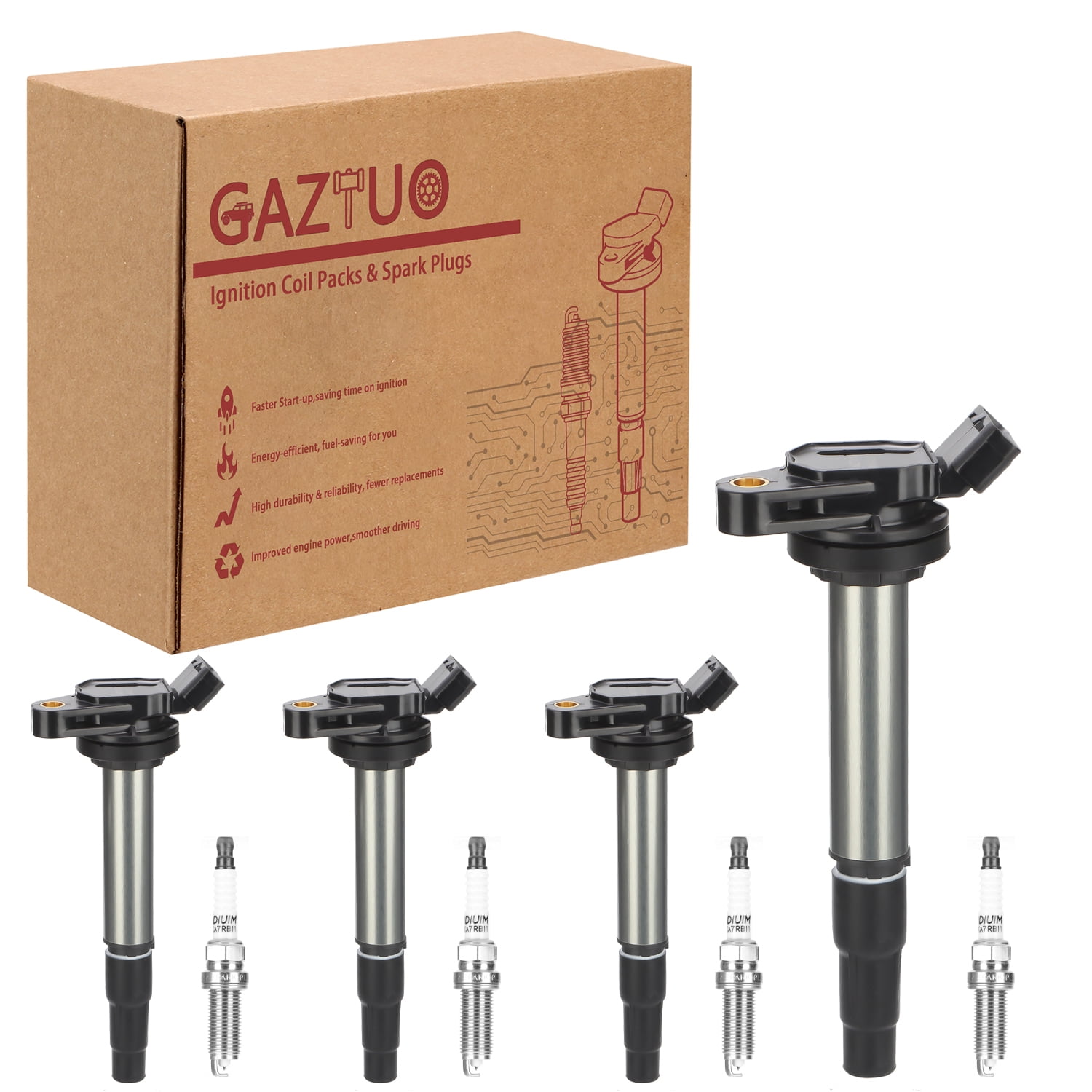 GAZTUO Ignition Coil Pack UF619 and Spark Plugs (Set of 4) Compatible with Toyota, Scion, Lexus, Corolla, Matrix Prius V Plug-In Vibe xD CT200h For # 9091902252 5C1771 E1096 2ZR-FE