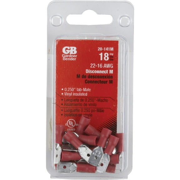 GB 20-141M Disconnect Terminal, 600 V, 22 to 16 AWG Wire, 1/4 in Stud, Vinyl Insulation, Red - pack of 18