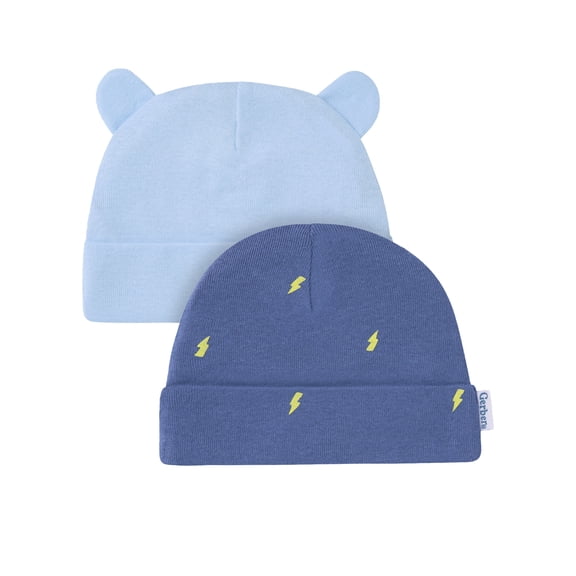 Gerber Baby Boy Cotton Caps, 2-Pack, Sizes Newborn - 0/6 Months