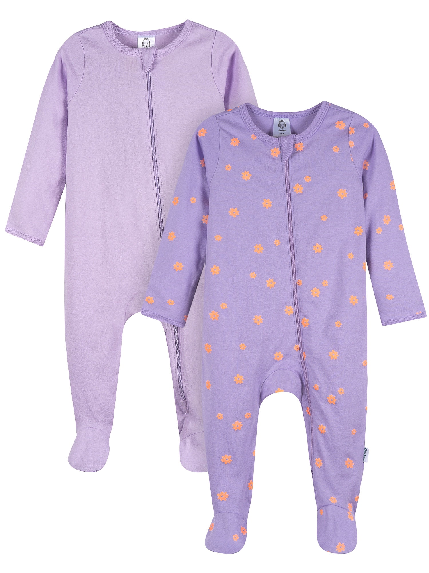 Gerber Baby Girl 2-Way Zipper Cotton Sleep 'N Play Footed Pajamas, 2-Pack, Sizes Newborn - 3/6 Months
