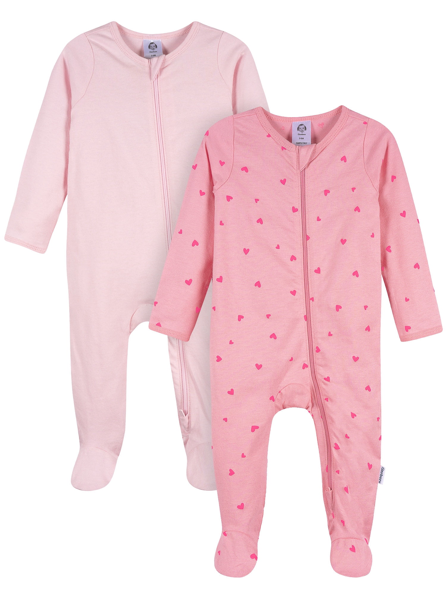 Gerber Baby Girl 2-Way Zipper Cotton Sleep 'N Play Footed Pajamas, 2-Pack, Sizes Newborn - 3/6 Months