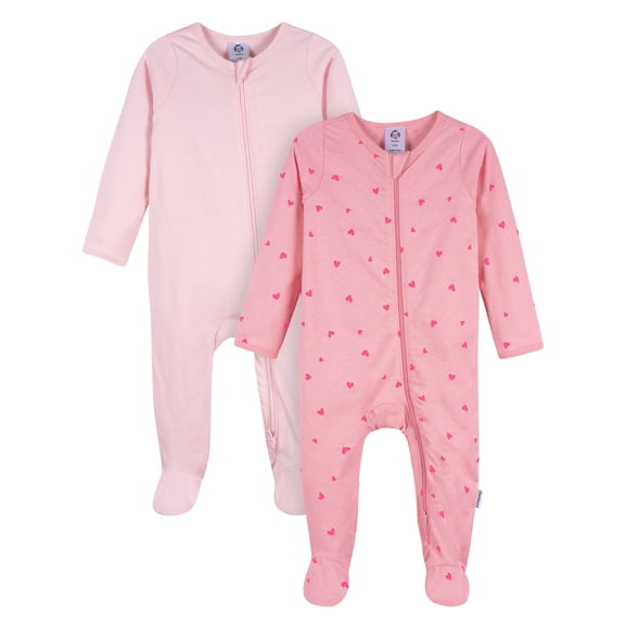 Gerber Baby Girl 2-Way Zipper Cotton Sleep 'N Play Footed Pajamas, 2-Pack, Sizes Newborn - 3/6 Months
