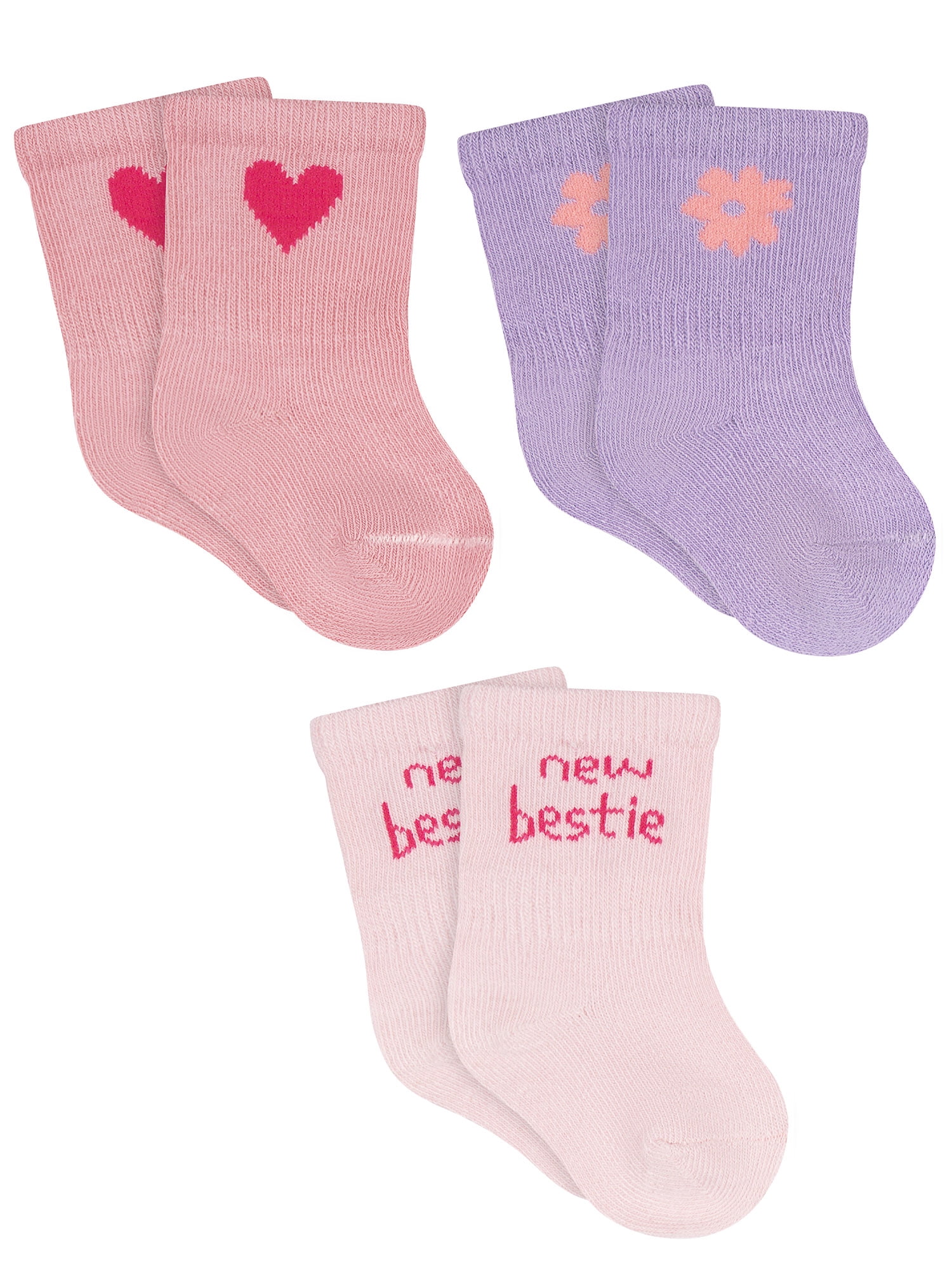Gerber Baby Girl Jersey Wiggle Proof Crew Socks, 3-Pack, Sizes 0/6 Months - 6/12 Months