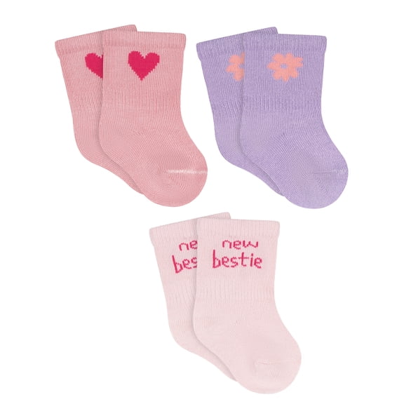 Gerber Baby Girl Jersey Wiggle Proof Crew Socks, 3-Pack, Sizes 0/6 Months - 6/12 Months