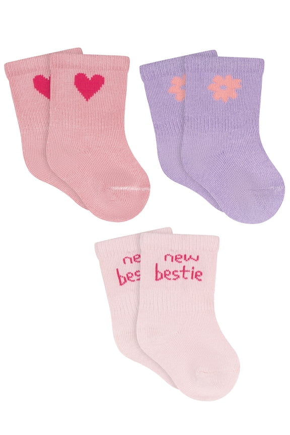 Baby Girl Jersey Wiggle Proof Crew Socks, 3-Pack, Sizes 0/6 Months - 6/12 Months