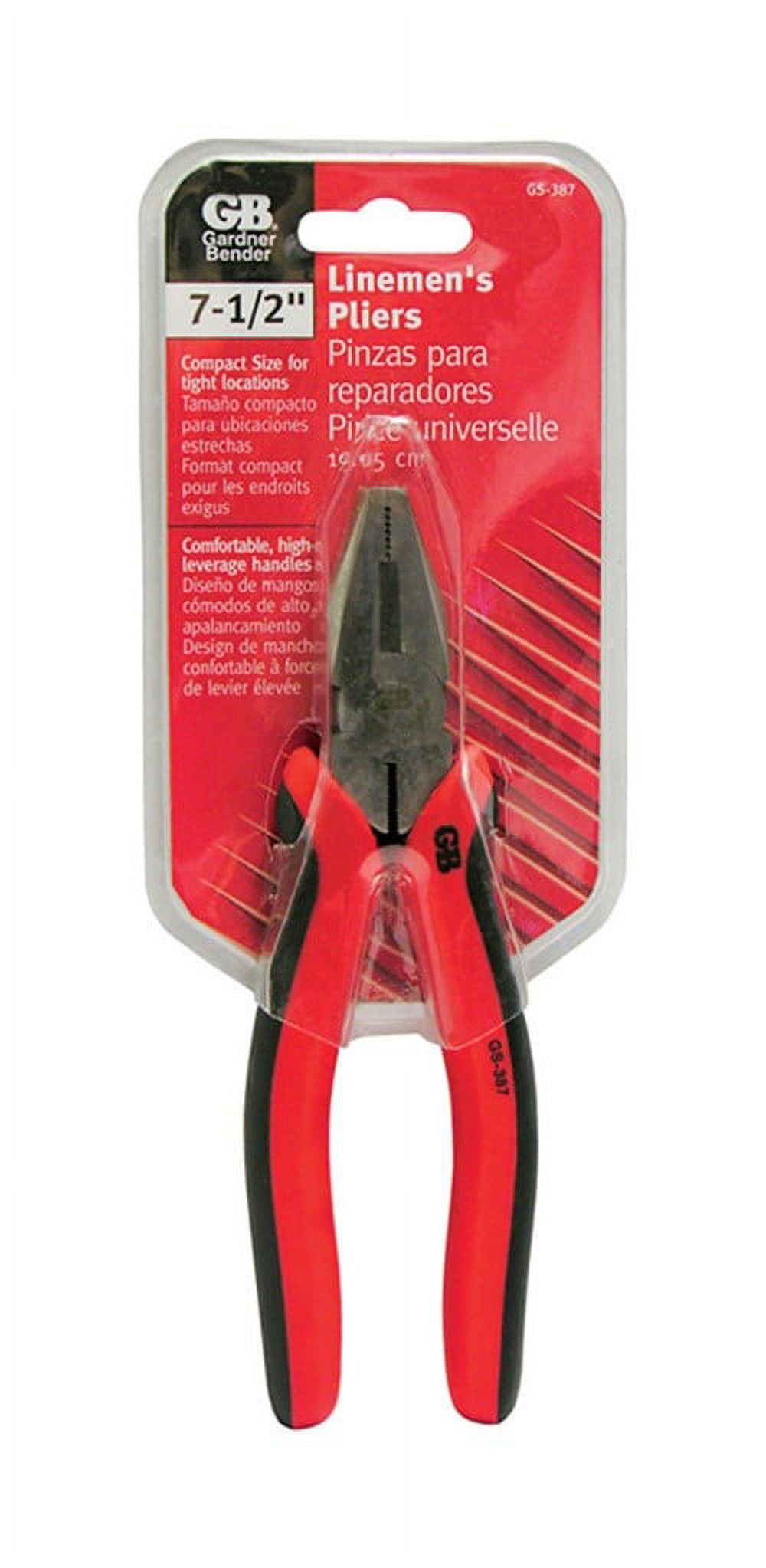 GB GS-387 Lineman's Plier, 7-1/2 in OAL, 1-1/4 in Jaw Opening, Red Handle, Comfort-Grip Handle