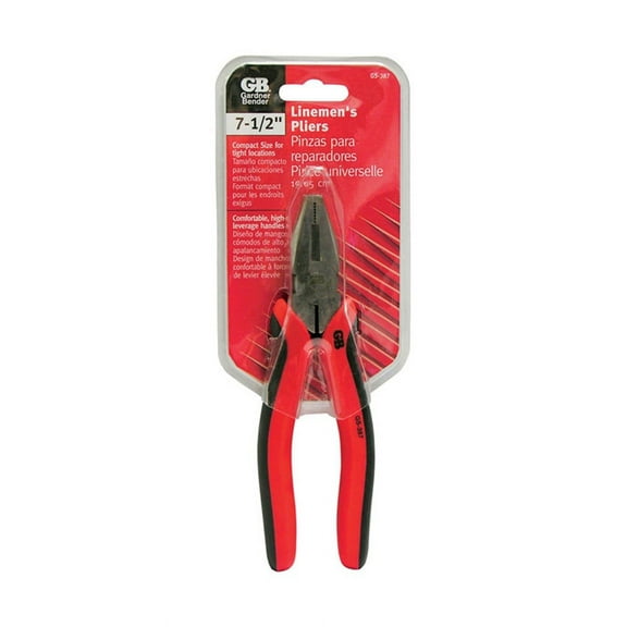 GB GS-387 Lineman's Plier, 7-1/2 in OAL, 1-1/4 in Jaw Opening, Red Handle, Comfort-Grip Handle
