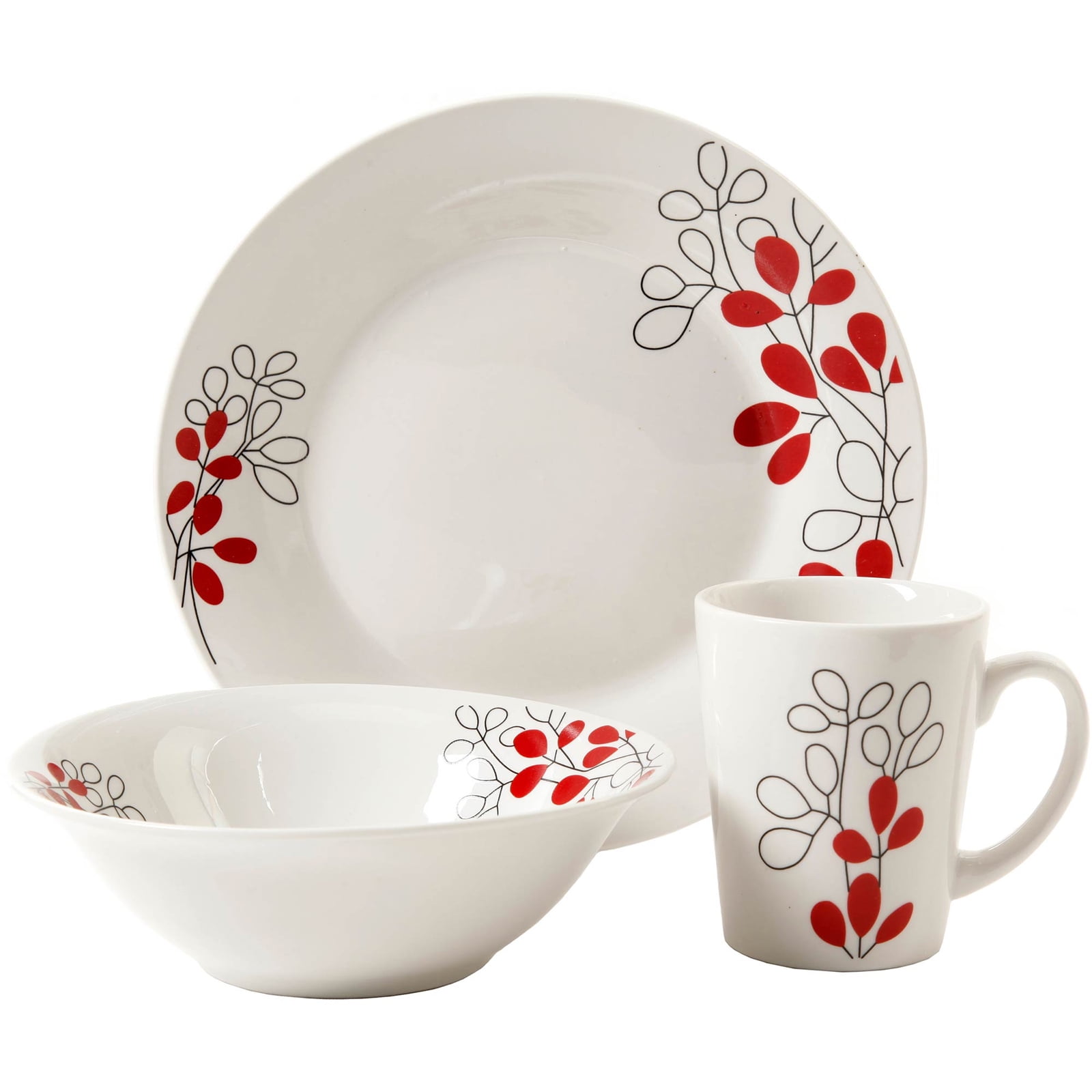 White Porcelain Floral Print Dinnerware Set, Service for 4