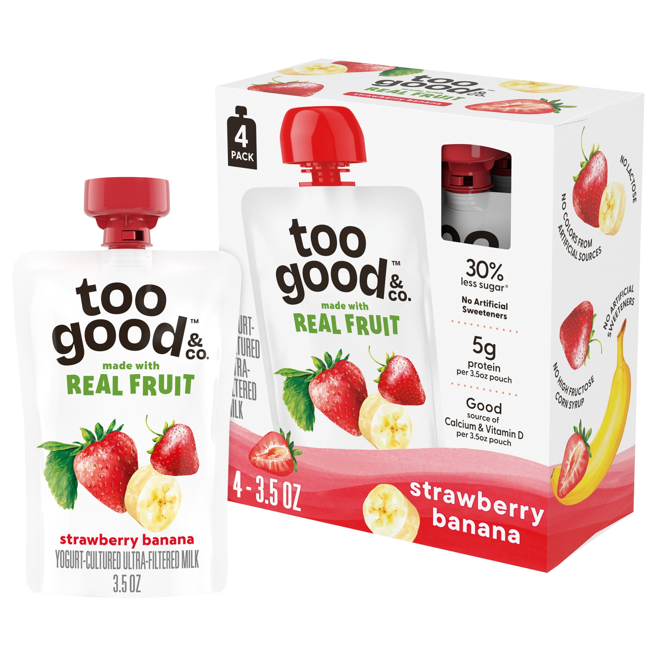 Too Good & Co. Strawberry Banana Yogurt-Cultured Ultra-Filtered Milk Pouches, Kids Snacks, 3.5 oz, 4 Count​