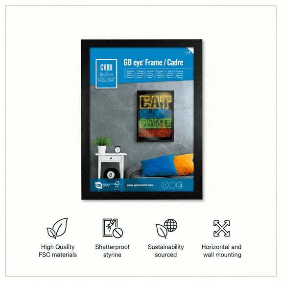 GB eye 20.5x15 Frame, FSC Black Wood Poster Frame, scratch proof glazing, Horizontal and Vertical Wall Mounting Display