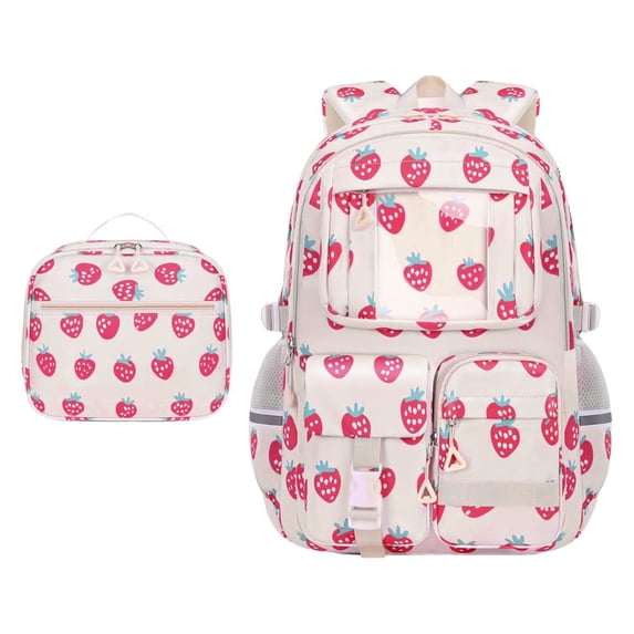 Strawberry Print Canvas Backpack, Aesthetic Nylon Casual Daypack, Cute Rucksack For Travel And Daily Commute (B)