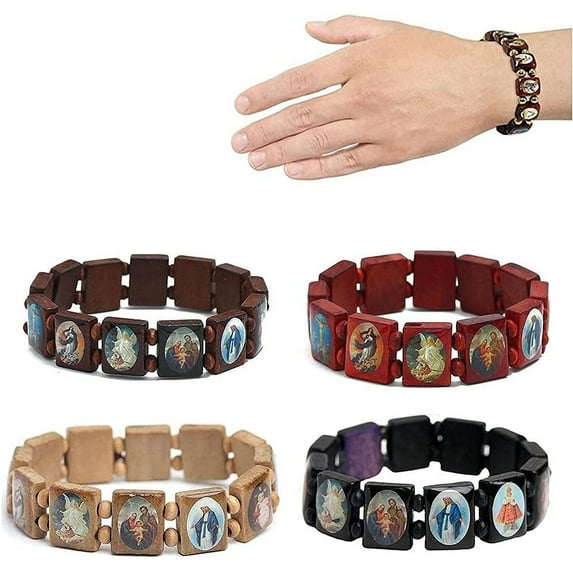 GBB-Wooden Rosary Jesus Bracelet 4 Pcs Elastic Stretch Bracelet with Pictures of Religious Saints Catholic Holy Gods Goddess Prayer Manifestation Bracelet Black + Brown + Wood + Wine Red【0513】