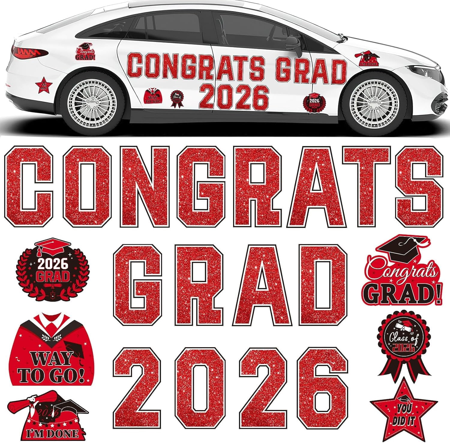 GBBG 2026 Graduation Car Magnets Decorations, 22 Pcs Graduation Fridge Magnets, Car Garage Door Magnetic Stickers Class of 2026 Congrats Grad Party Cruise Door Decorations Supplies (Red)