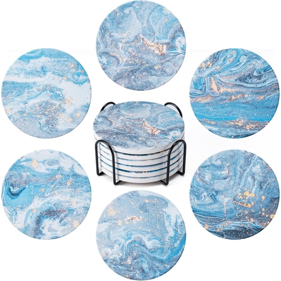 GBBG 6Pcs Drink Coasters with Holder, Marble Style Ceramic Drink Coaster, Absorbent Coasters Set Suitable for Kinds of Cups, Modern Style Coaster for Coffee Table, 4 Inches(Style 9)