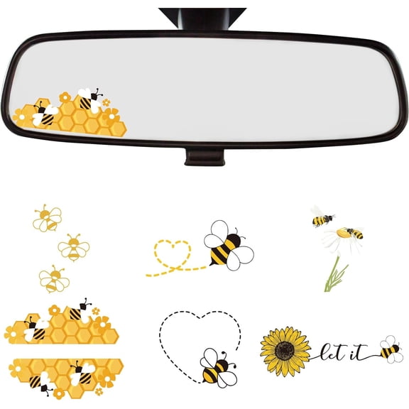 GBBG Bee Rearview Mirror Decal - 6 Pcs Cute Honeybee Vinyl Rear View Sticker Car Window Accessories Waterproof Honey Flower Bumper for Girl Women Auto Truck Tumbler Laptop Water Bottle Decor