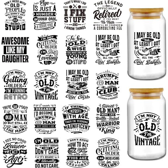 GBBG Funny UV DTF Stickers - 20 Sheets Black Fun I Won't Get Old I'm Classic Uvdtf Tumbler Wraps for 16 oz Glass Cups, Vintage Car Guitar Transfer Stickers DIY Water Bottle Decor Gift for Father