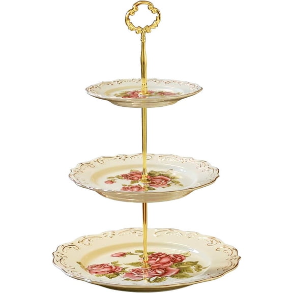 GBBG Red Rose Pattern 3 Tiered CupCake Stand, Emboss Golden Leaves Edge Porcelain 3 Tier Pastry Desert Fruit Stand