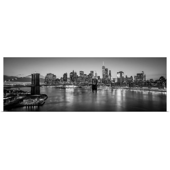 GBC | "New York City Skyline with Brooklyn Bridge in Foreground, Evening, Black and White" Art Print - 60x20
