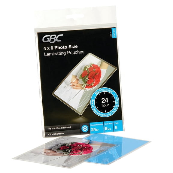 GBC® SelfSeal™ No Mistakes™, Laminating Pouches, Glossy, 8 Mils, 4.6" x 6.3", Pack Of 5