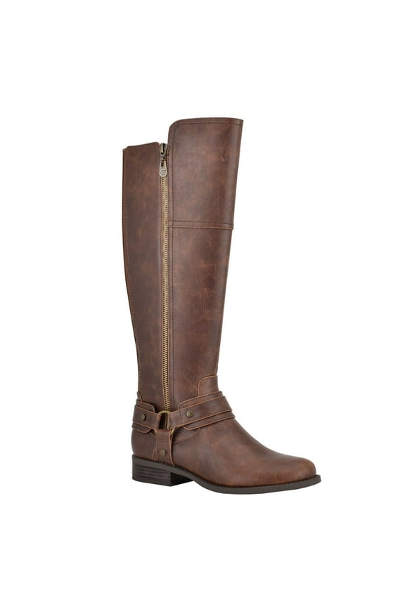 Womens Brown Ankle Strap Studded Round Toe Stacked Heel Zip-Up Boots Shoes 5