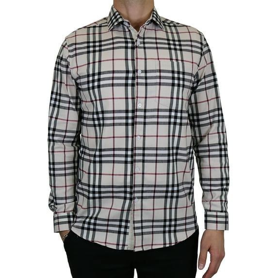 GBH Men's Long Sleeve Slim-Fit Cotton-Stretch Plaid Dress Shirts