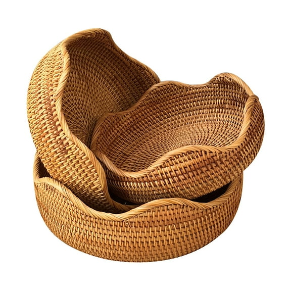 GBJHJIA Handmade Rattan Round Fruit Basket Food Storage Bowls Kitchen Organizer Snack Serving Bowl, Wicker Bread Bowl Woven Basket Décor for Nuts withSide and Wavy Edge Basket (Khaki）