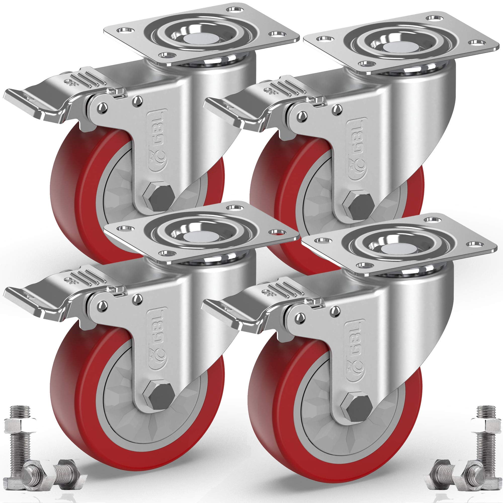 Heavy Duty 4" Red Polyurethane Caster Wheels with Brakes