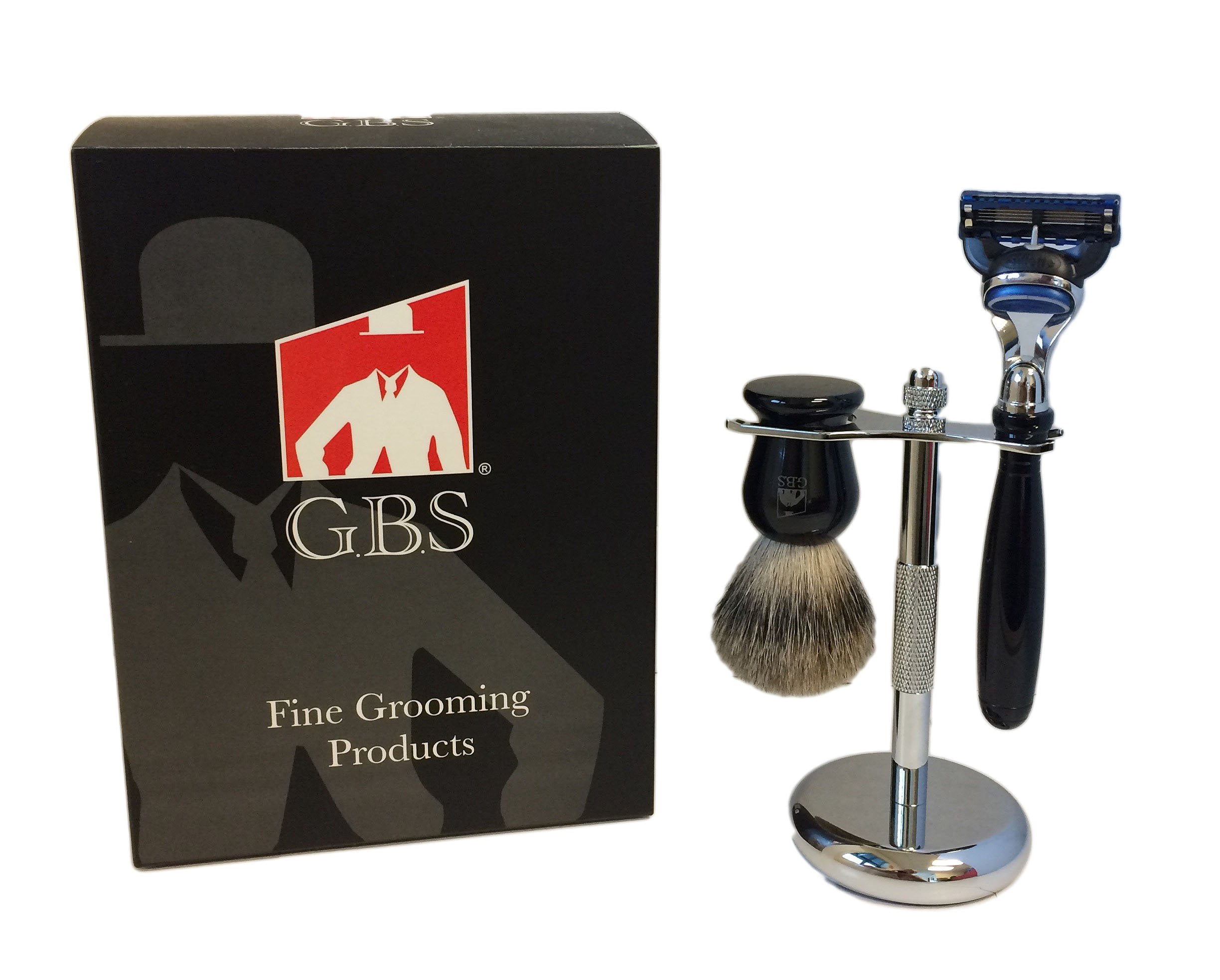 GBS 3 Piece Black Shaving Set -Comes in Gift Box- Shaving Gift Set 3 Pc with 5 Blade Razor, Pure Badger Brush and Chrome Stand From GBS