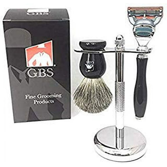 GBS 3 Piece Deluxe Shaving Set. 5 Blade Fusion Compatible Razor Black Manual Handle & Black Pure Badger Bristle Shave Brush & Stainless Brush and Razor Stand Holder. Ultimate Complete Wet Shave Kit
