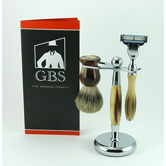 GBS 3 Piece Premium Shave Set, Horn Chrome Stand + Pure Badger Brush + Mach 3 Horn Razor Chrome Accent