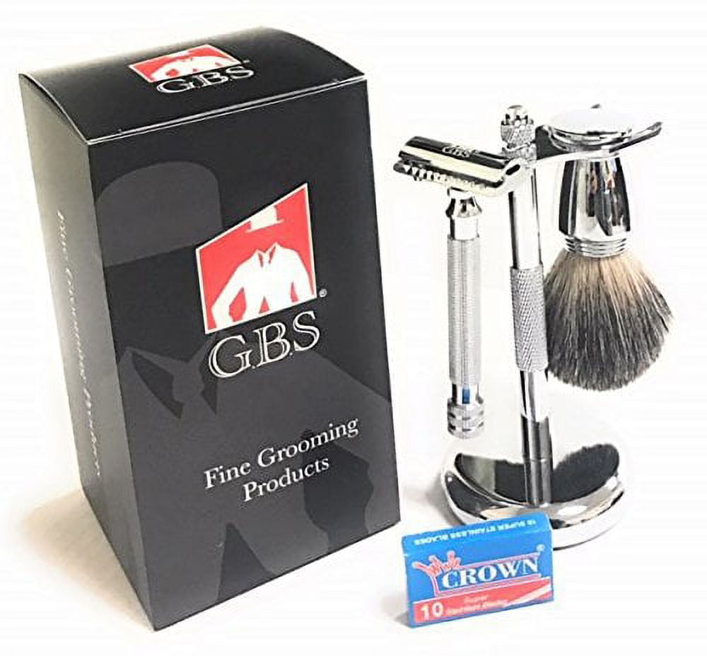 GBS 3 Piece Set - Double Edge Safety Razor, Stainless Brush and Razor Stand and Chrome Pure Badger Brush. Includes 10 Pack of Blades
