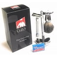 thumbnail image 1 of GBS 3 Piece Set - Double Edge Safety Razor, Stainless Brush and Razor Stand and Chrome Pure Badger Brush. Includes 10 Pack of Blades, 1 of 4