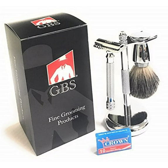 GBS 3 Piece Set - Double Edge Safety Razor, Stainless Brush and Razor Stand and Chrome Pure Badger Brush. Includes 10 Pack of Blades