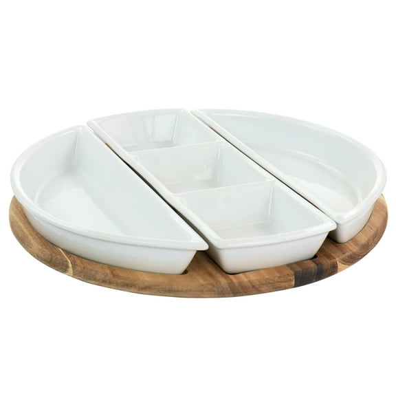 GBS 4 Piece Fine Ceramic Sectional Tray Set with Acacia Wood Base