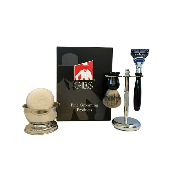 GBS 5 Piece Shaving Set, 5 Blade Razor, Pure Badger Brush, Chrome Shaving Stand, Chrome Bowl, Cherry Wood 50 Cigar Humidor