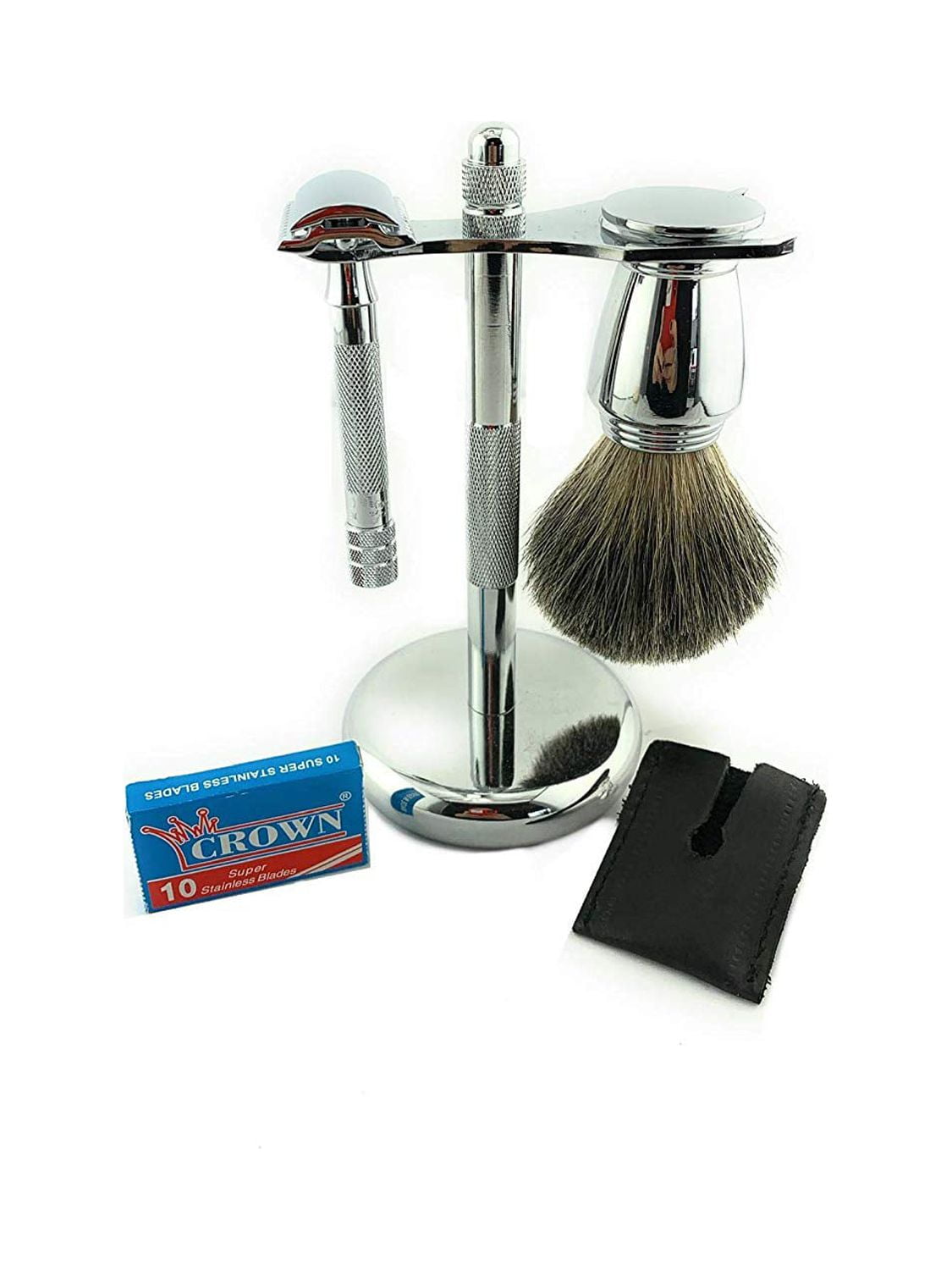 GBS CLASSIC DE SAFETY RAZOR 33C, Chrome Brush & Razor Stand, Razor Head Sleeve + 10 Blades