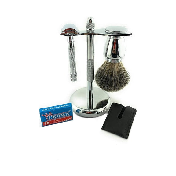 GBS CLASSIC DE SAFETY RAZOR 33C, Chrome Brush & Razor Stand, Razor Head Sleeve + 10 Blades