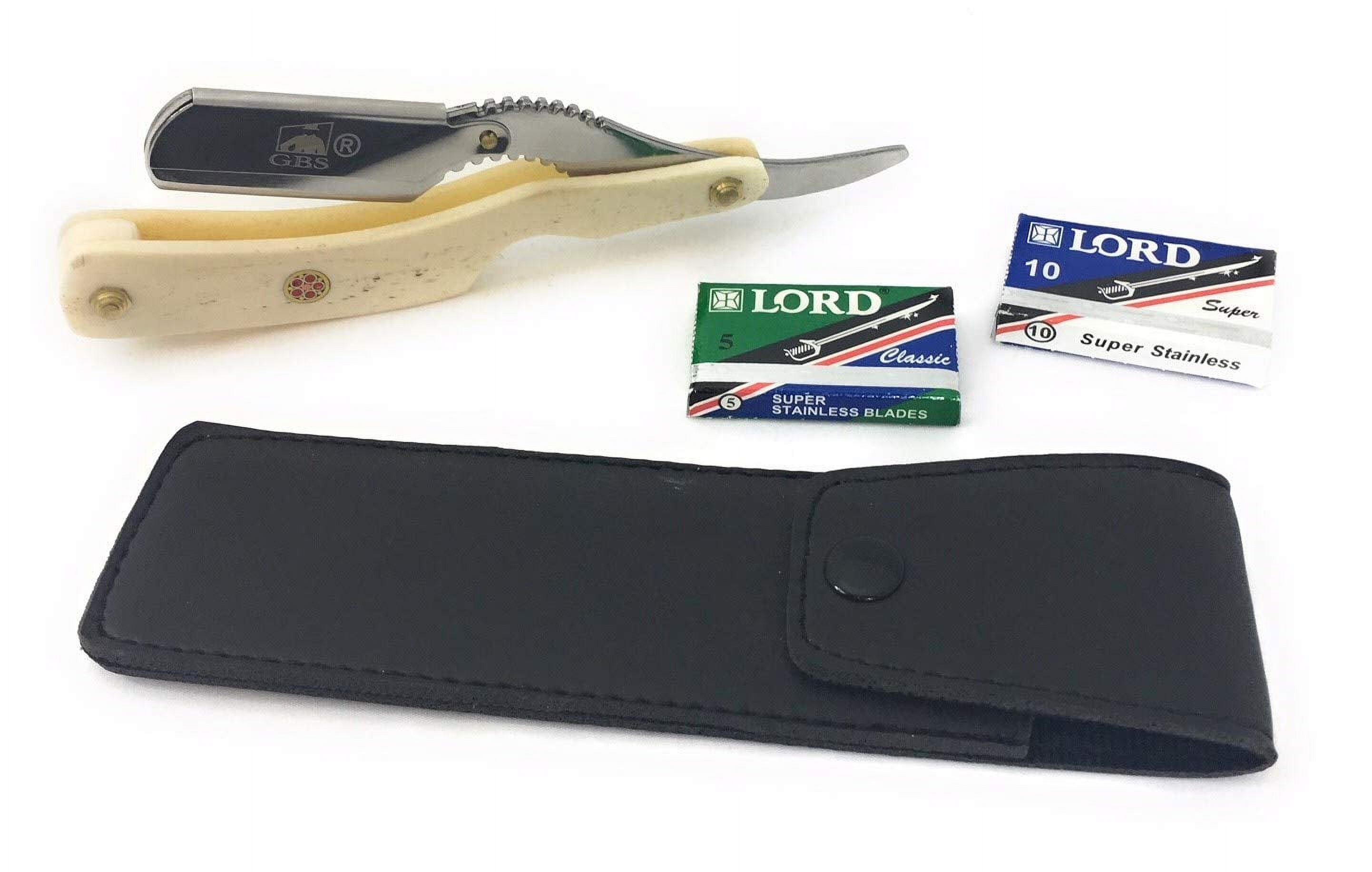 GBS Classic Straight Edge 6" Long Scales Folding Razor Barber Shavette Leather Case + 10 Blades Men's Manual Shaver Excellent Locking Safety Mechanism (Ivory Horn)