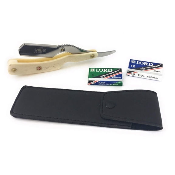 GBS Classic Straight Edge 6" Long Scales Folding Razor Barber Shavette Leather Case + 10 Blades Men's Manual Shaver Excellent Locking Safety Mechanism (Ivory Horn)