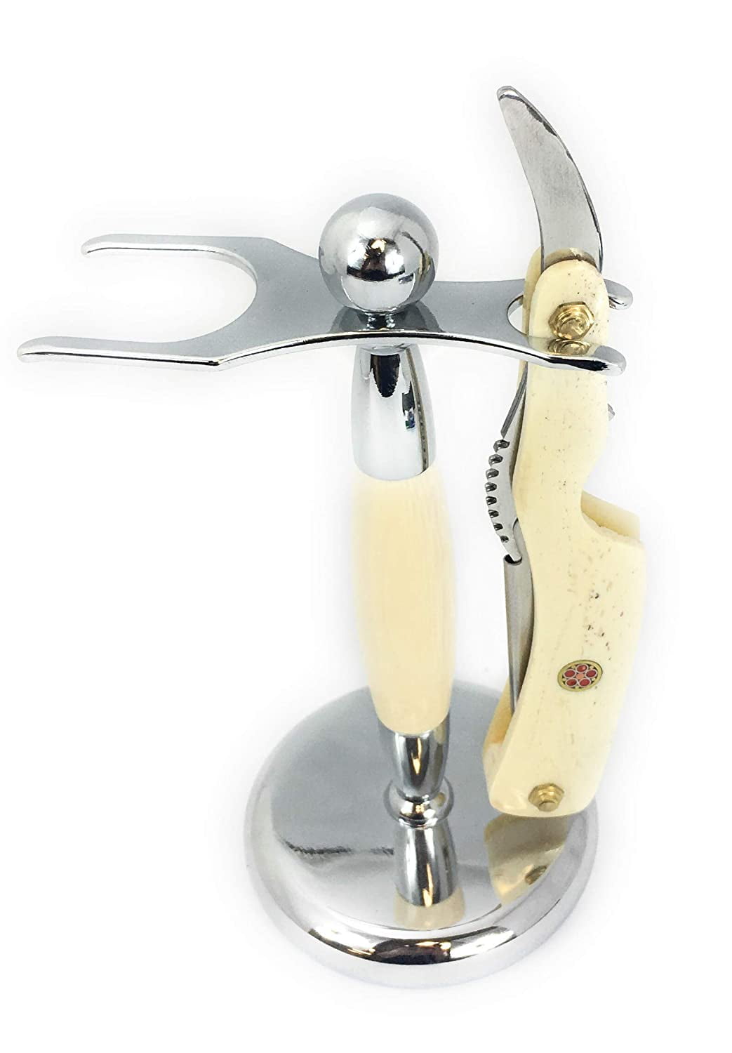GBS Classic Straight Edge Razor Barber Shavette + Brush and Razor Stand - Ivory Horn Handle - Gold Accents + 10 Blades Mens Manual Shaver Excellent Locking Safety Mechanism