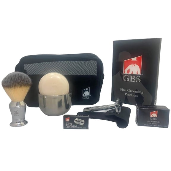 GBS Deluxe Travel Dopp Kit - Butterfly Double Edge Safety Razor, Chrome Shaving Brush, Bowl, Soap comes with GBS Alum Block + Leather Toiletry Bag