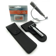 GBS Dovo Classic Double Edge Short Handle Razor and Silver Shavette Set - Made in Solingen Germany - 1904 Short Handle Razor with open comb, Stand, Double edge case Straight Razor case 10 blades