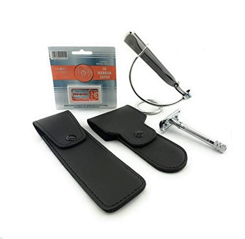 GBS Dovo Classic Double Edge Short Handle Razor and Silver Shavette Set - Made in Solingen Germany - Short Handle Razor, Stand, Double edge case Straight Razor case 10 blades